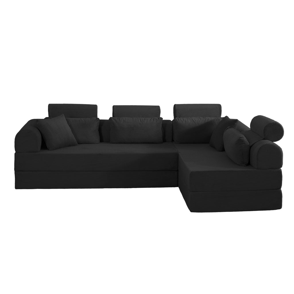 Modern Minimalist L-Shape Modular Sectional Sofa, Black Corduroy Couch with Bed Conversion, Space-Efficient Design for Bedroom or Living Room