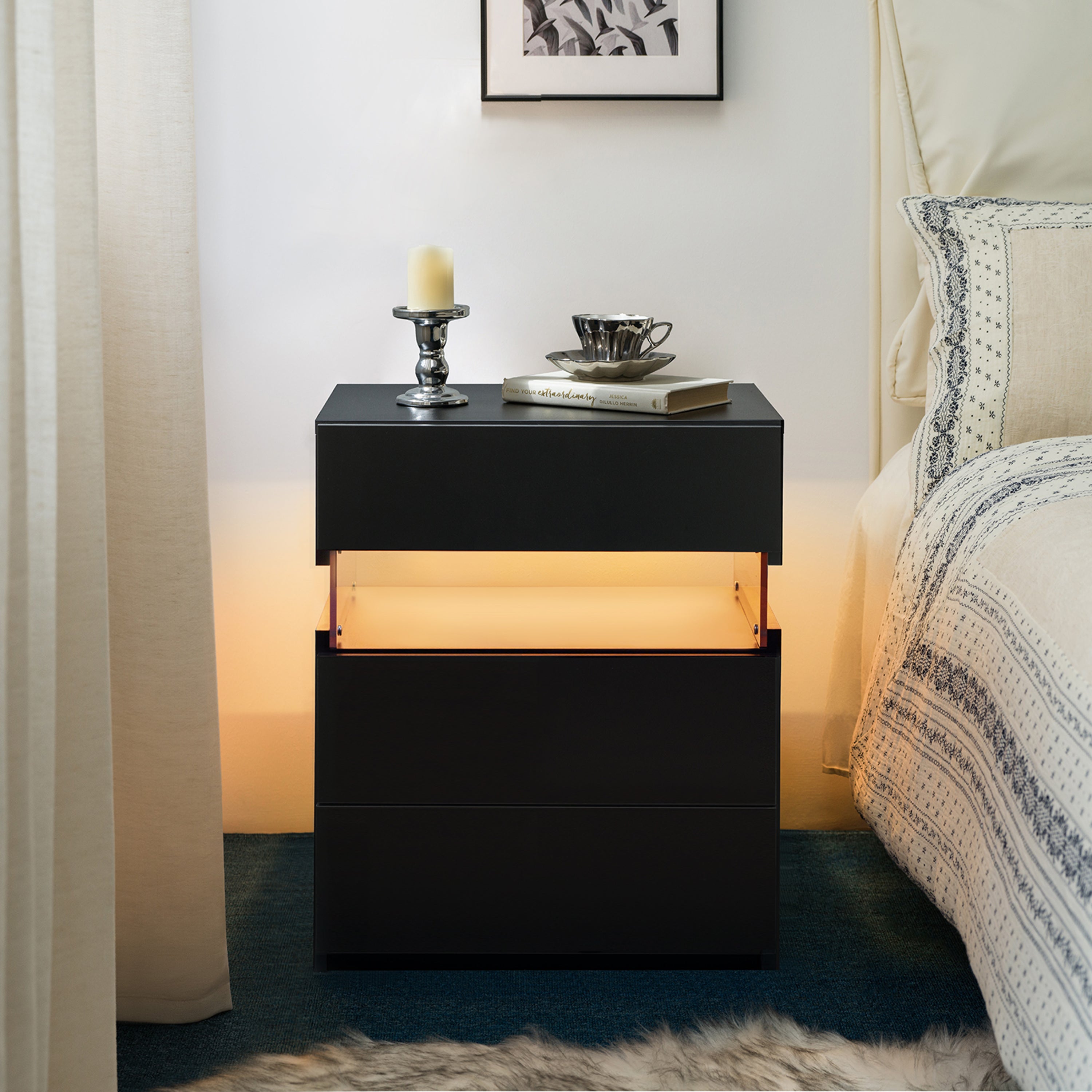 LED Nightstands 3 Drawer Dresser for Bedroom End Table with Acrylic Board LED Bedside Tables (Black)