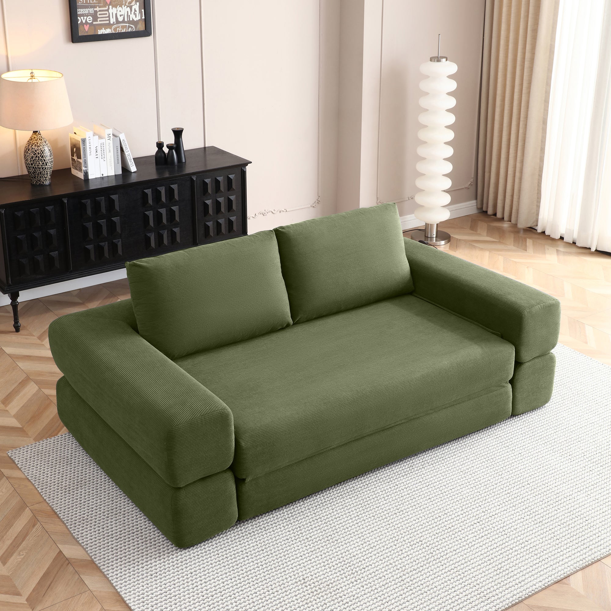 81'' Convertible Sofa Bed,3 In 1 Folding Floor Couch Corduroy Fold Out Couch Bed Futon Sleeper Mattress with Pillows,Boneless Sofa Comfy Lounge Loveseat for Living Room, Bedroom, Green