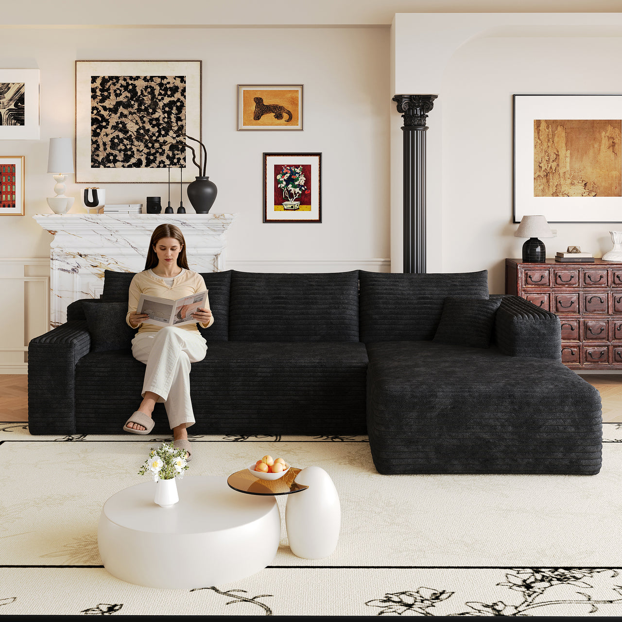103' Cloud Sectional Sofa,Modern Minimalist Upholstered Couches, Comfort L Shaped Sofa for Living Room,Deep Seat Corner Couch,No Assembly Required,Black (Plush Corduroy Fabric)