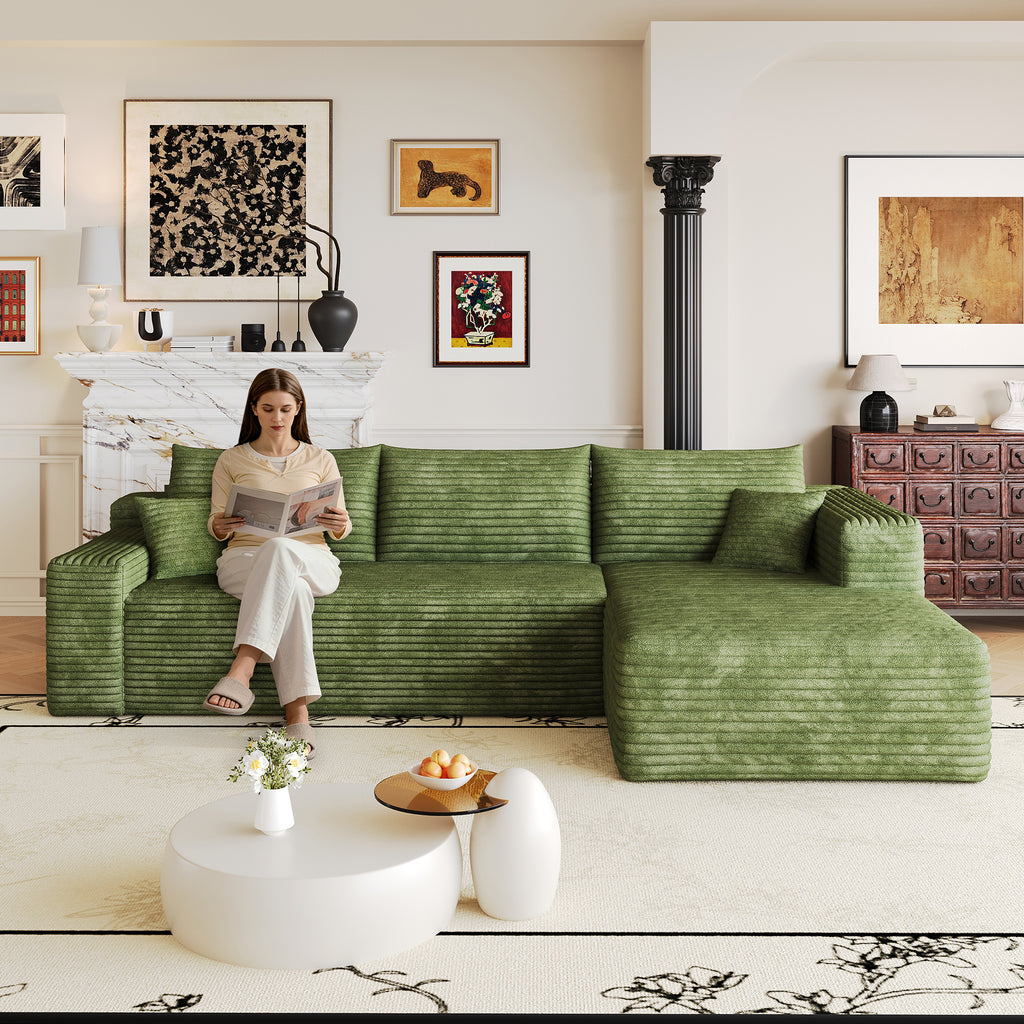 103' Cloud Sectional Sofa,Modern Minimalist Upholstered Couches, Comfort L Shaped Sofa for Living Room,Deep Seat Corner Couch,No Assembly Required,Green(Plush Corduroy Fabric)