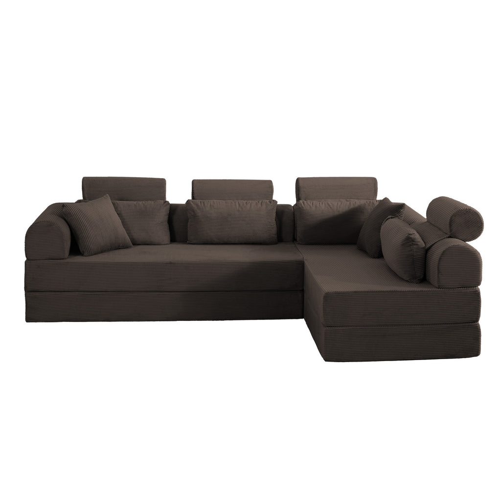 Modern Minimalist L-Shape Modular Sectional Sofa in Brown Corduroy Fabric, Compressed Design with Queen Bed Conversion, Space-Efficient for Bedroom or Living Room