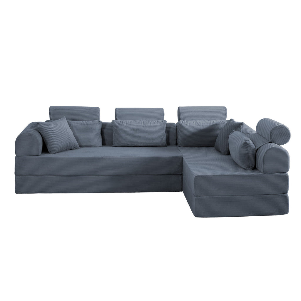 Modern Minimalist L-Shape Modular Sectional Sofa, Dark Gray Corduroy Couch with Queen Bed Conversion, Space-Efficient Design for Bedroom or Living Room