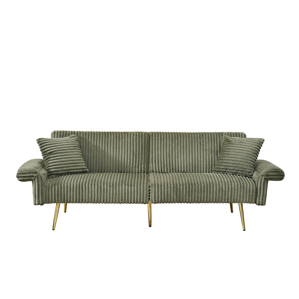 Modern Corduroy Sofa Bed, Foldable Double Sofa with Armrests, Green Velvet, 79 Inch