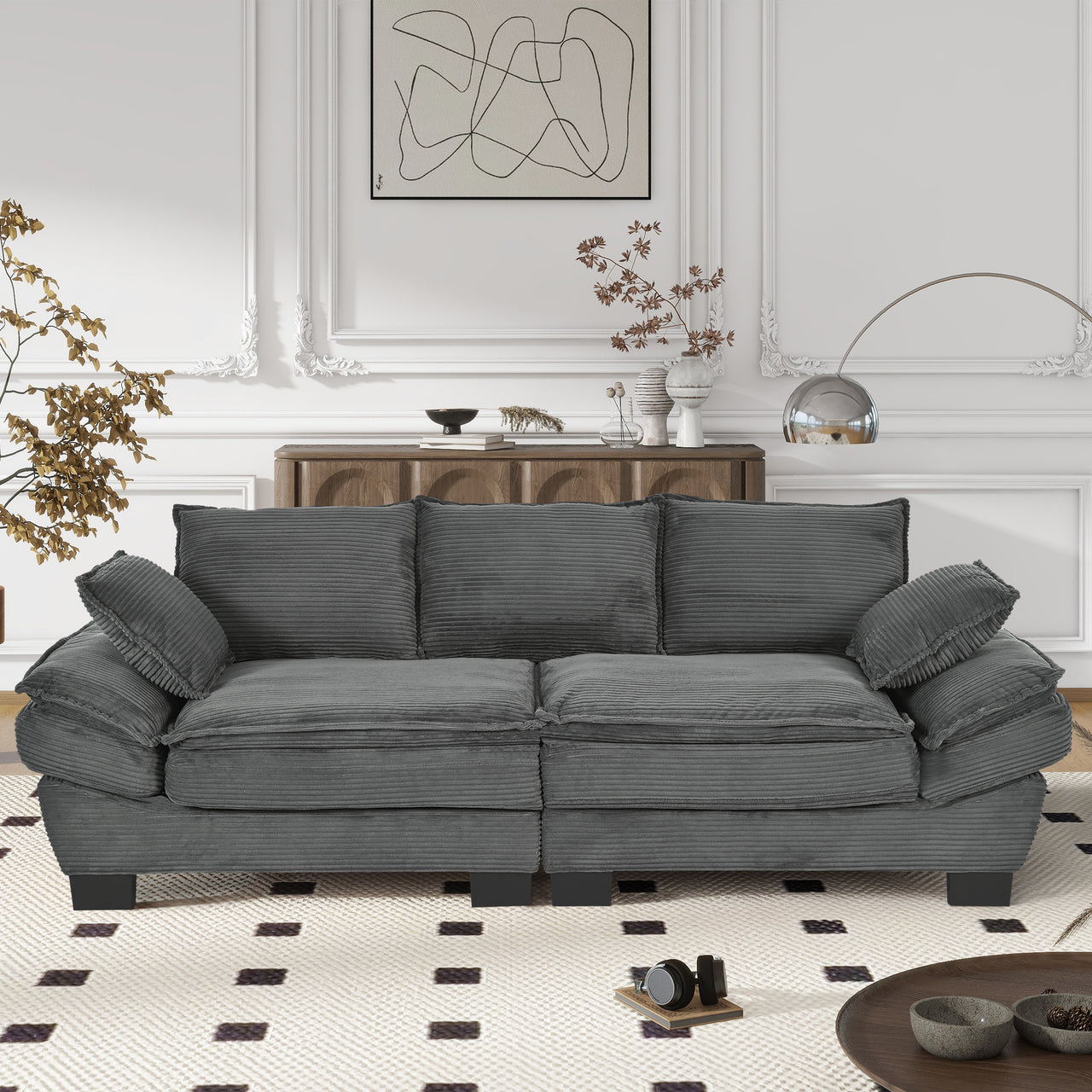 U-Style 85.4' Modern Curved Sofa, Back Upholstered Couch with 2 Decorative Throw Pillows, Corduroy Fabric Couch for Living Room, Bedroom , Apartment