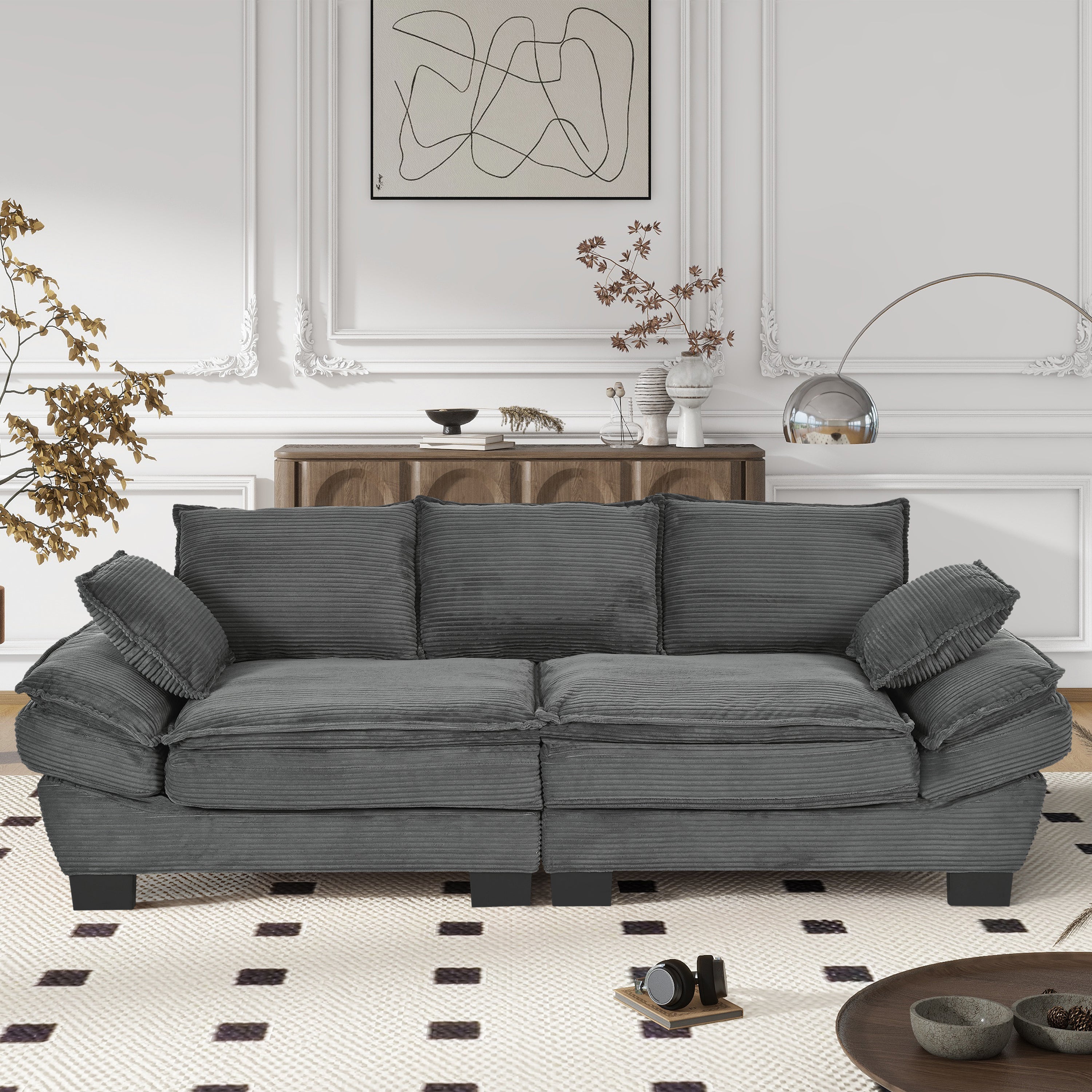 U-Style 85.4' Modern Curved Sofa, Back Upholstered Couch with 2 Decorative Throw Pillows, Corduroy Fabric Couch for Living Room, Bedroom , Apartment
