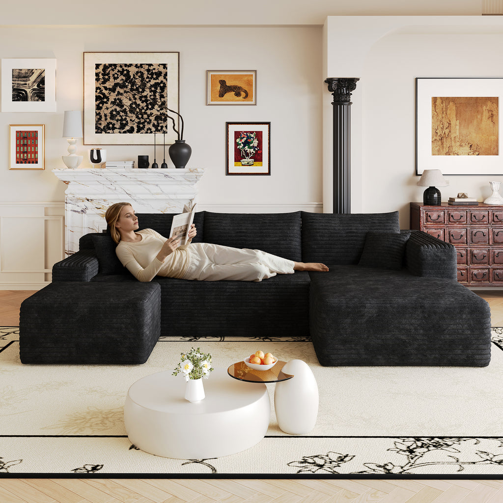 103' Cloud Sectional Sofa,Modern Minimalist Upholstered Couches, Comfort L Shaped Sofa for Living Room,Deep Seat Corner Couch,No Assembly Required,Black (Plush Corduroy Fabric)