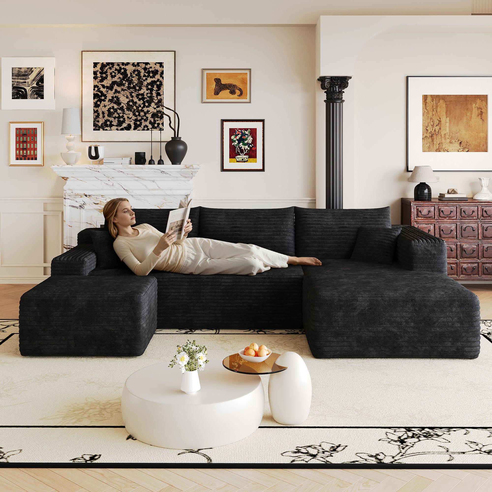 103' Cloud Sectional Sofa,Modern Minimalist Upholstered Couches, Comfort L Shaped Sofa for Living Room,Deep Seat Corner Couch,No Assembly Required,Black (Plush Corduroy Fabric)