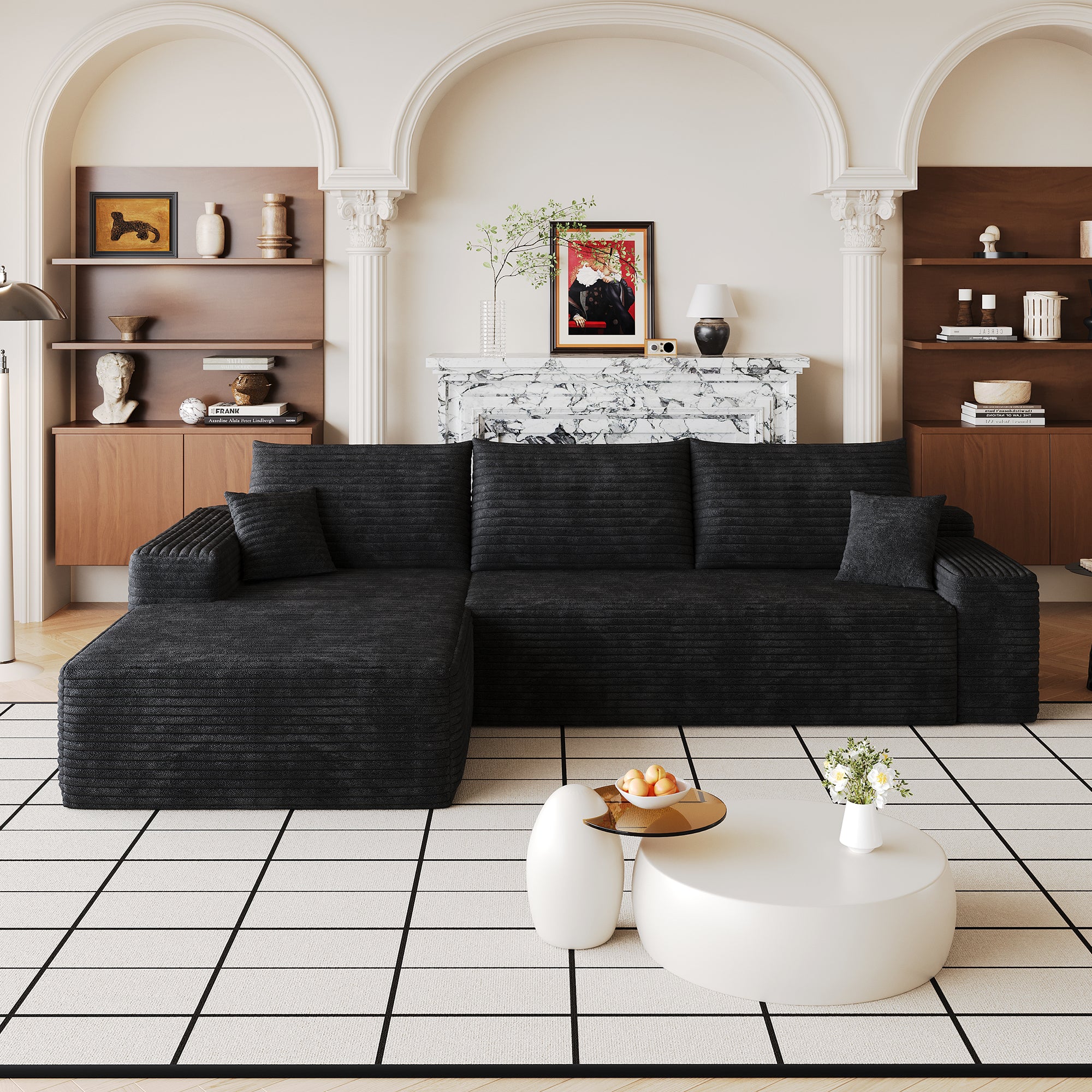 107' Cloud Sectional Couch with L-Shape Chaise,Modern Modular Sofa with Deep Seat, Upholstered Couches for Living Room Bedroom,No Assembly Required (Plush Corduroy Fabric),Black